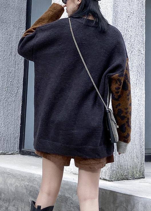 Pullover o neck Leopard knit sweat tops plus size patchwork color knit blouse