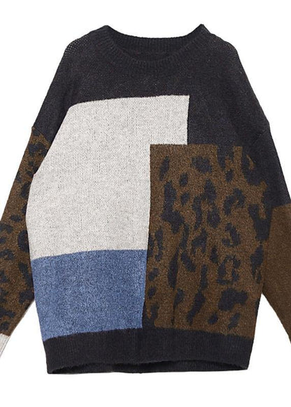 Pullover o neck Leopard knit sweat tops plus size patchwork color knit blouse