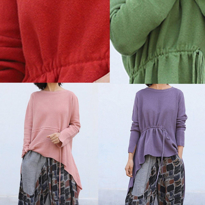 Pullover O Neck Red Knit Tops Drawstring Asymmetric Crane Tops