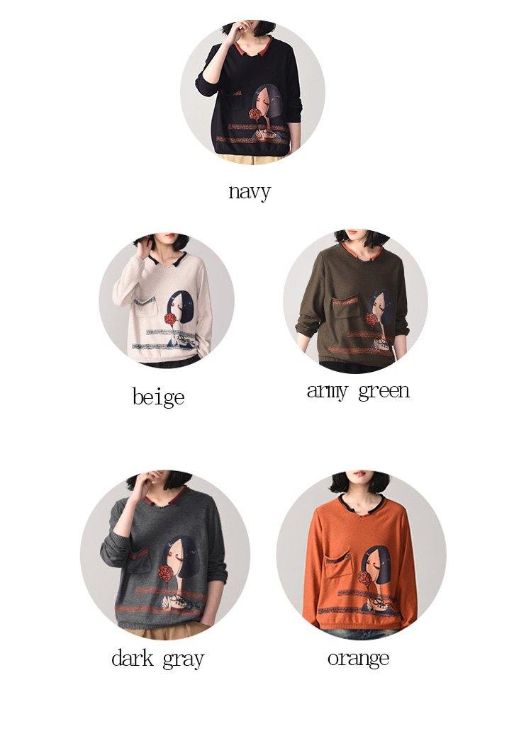 Pullover Orange Cartoon Print Knit Blouse Fall Knitwear Pockets
