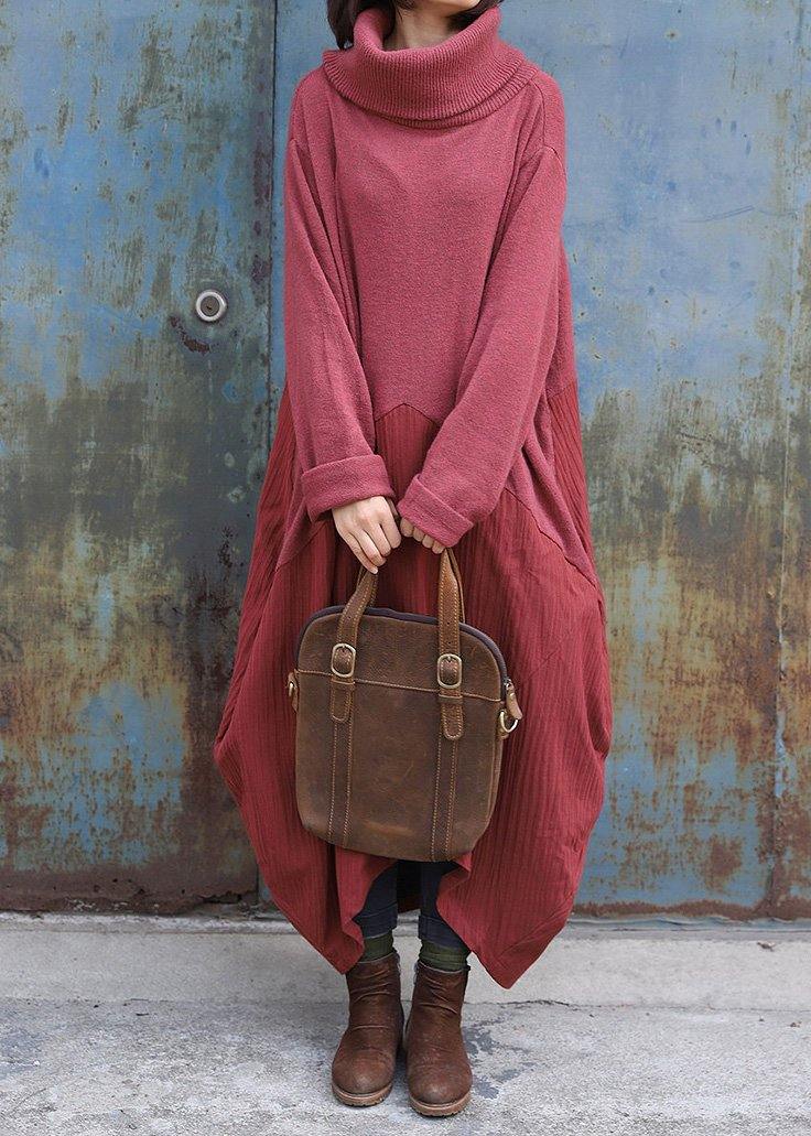 Pullover Patchwork Sweater High Neck Dress Outfit Design Red Mujer Sweater Dress