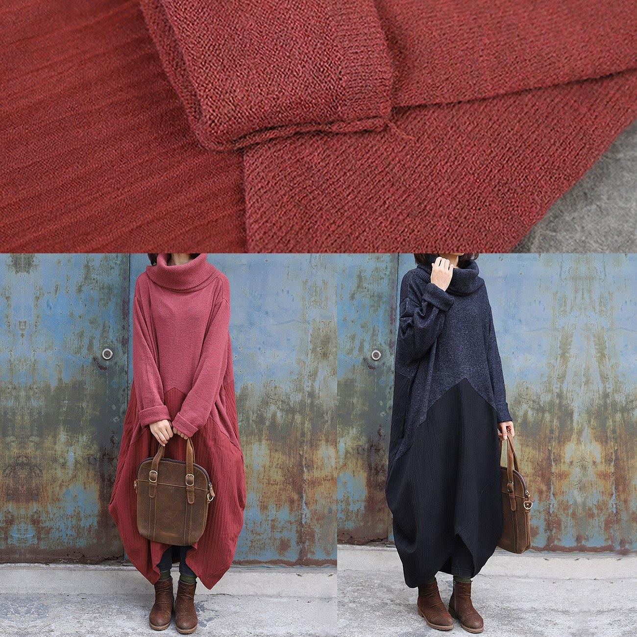 Pullover Patchwork Sweater High Neck Dress Outfit Design Red Mujer Sweater Dress