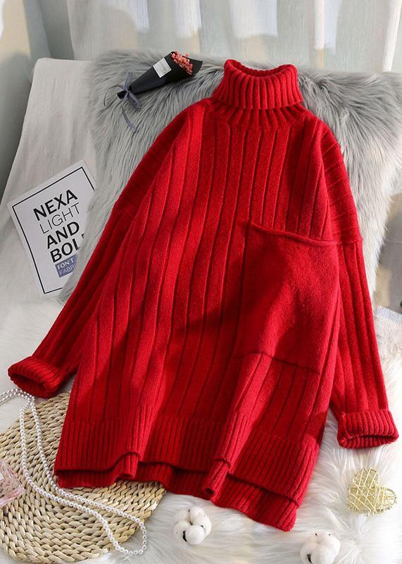 Pullover Red Clothes for One Big Pockets Loose Fitting High Neck Knitwear