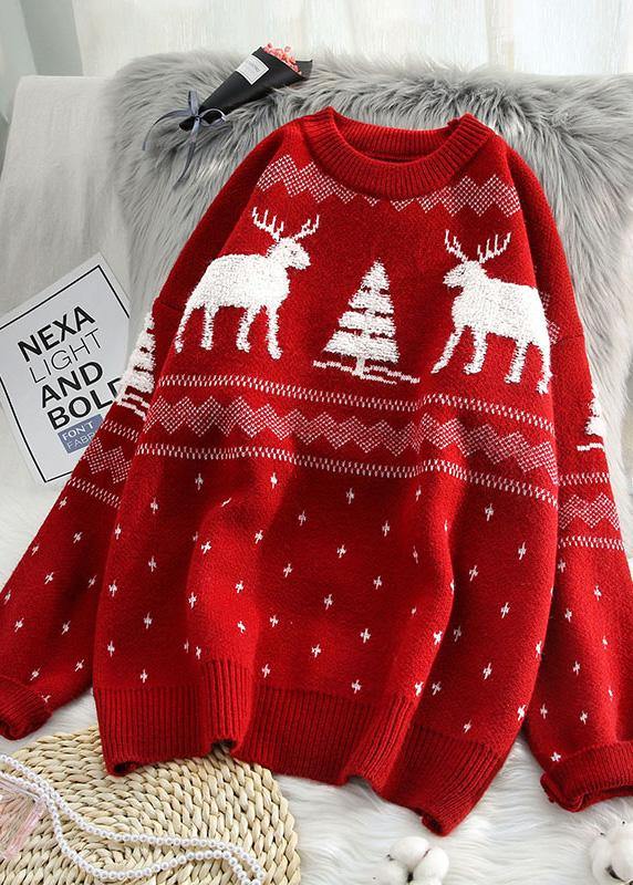 Pullover Red Knitted Blouse O Neck Thick Top