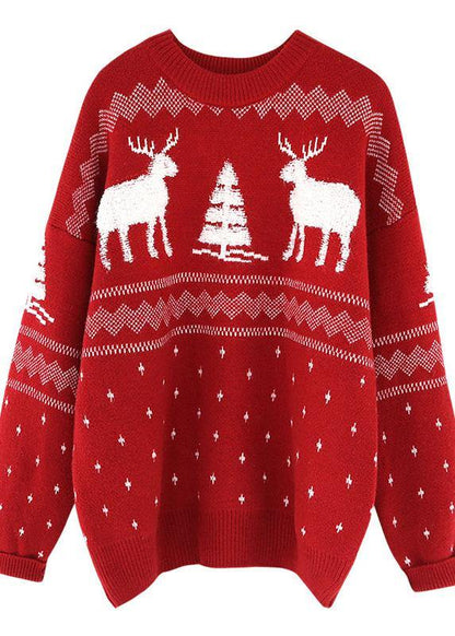 Pullover Red Knitted Blouse O Neck Thick Top