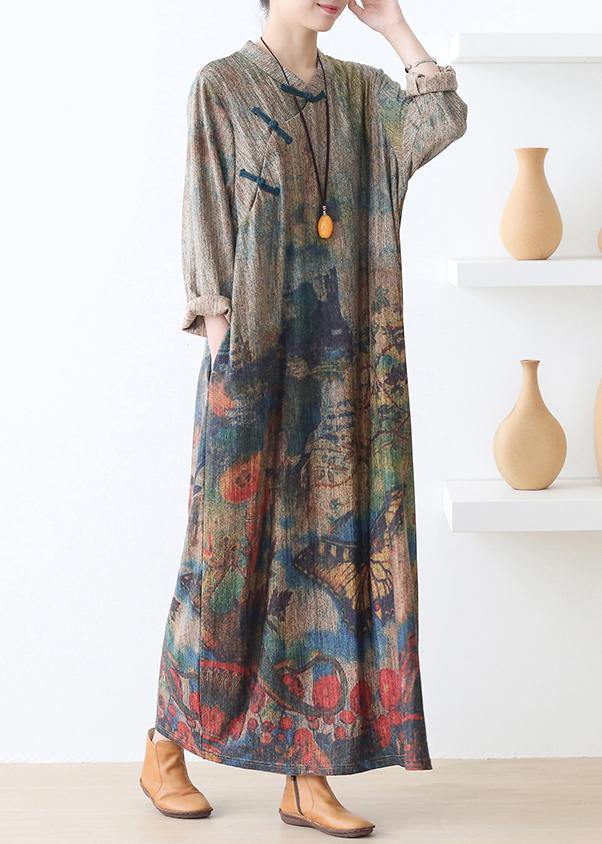 Pullover Stand Collar Sweater Fall Dresses Classy Green Print Baggy Knit Dress
