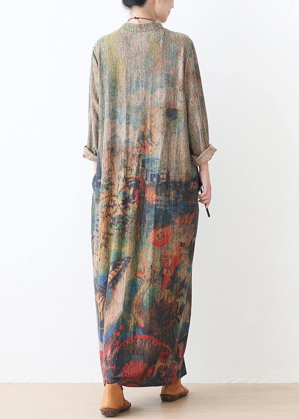 Pullover Stand Collar Sweater Fall Dresses Classy Green Print Baggy Knit Dress