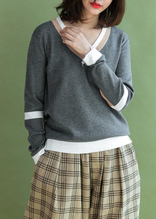 Pullover V Neck Gray Knit Tops Patchwork Knitted Clothes