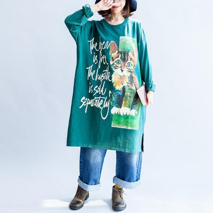 Pure Cotton Green Cat Print Oversized Dresses Causal Jumpers