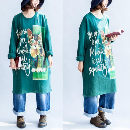 Pure Cotton Green Cat Print Oversized Dresses Causal Jumpers