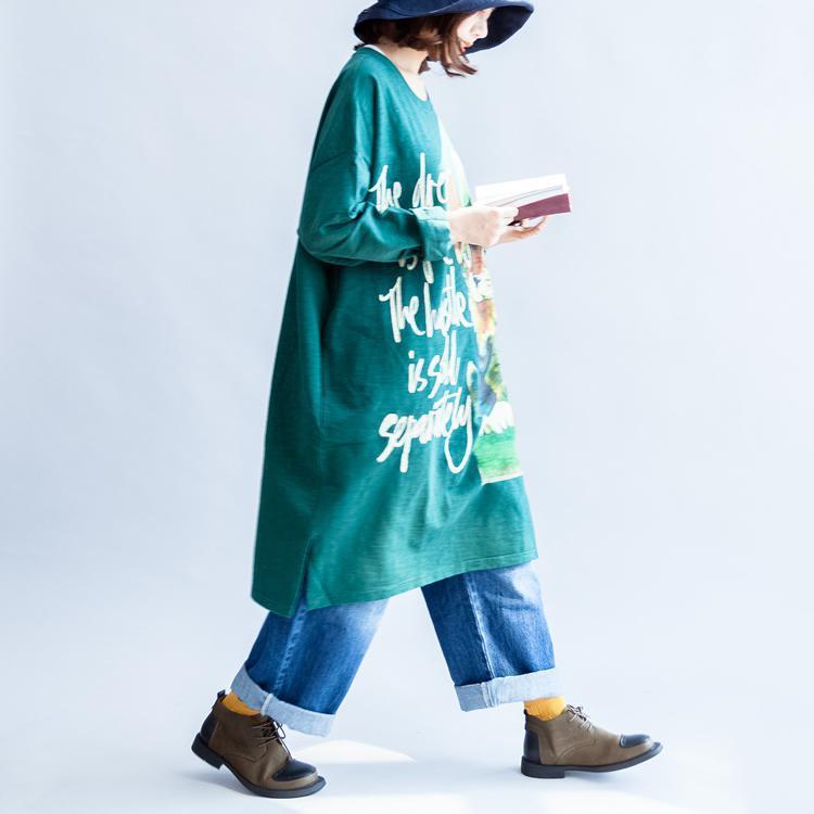 Pure Cotton Green Cat Print Oversized Dresses Causal Jumpers