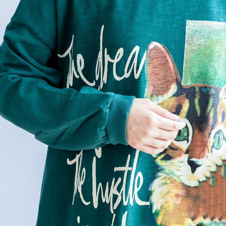 Pure Cotton Green Cat Print Oversized Dresses Causal Jumpers