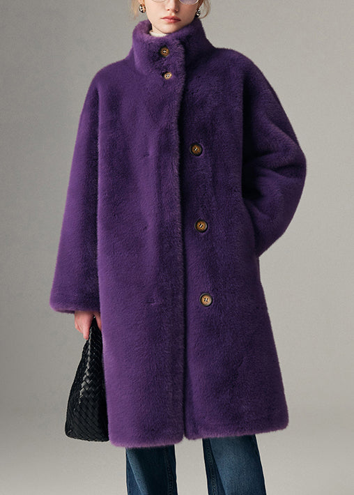 Purple Button Pockets Leather and Fur Coats Stand Collar