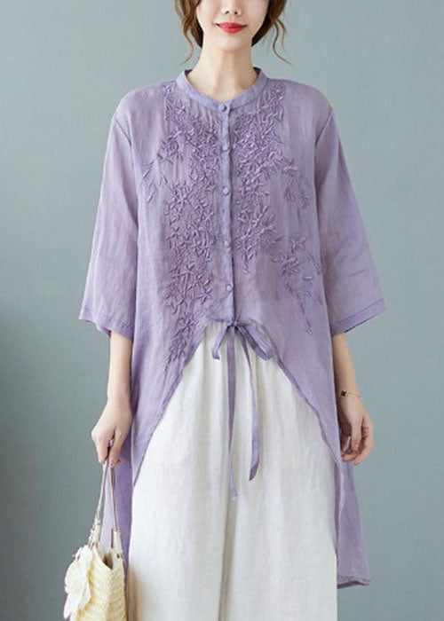 Orange Polka Dots Button Pockets Linen Tops Half Sleeve