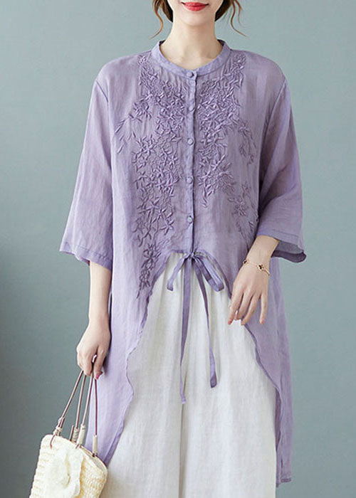 Gray Crane Button Pockets Linen Tops Half Sleeve