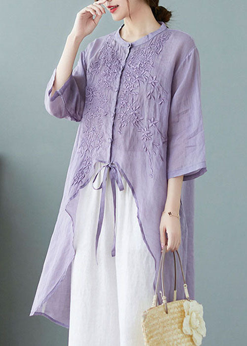 Gray Crane Button Pockets Linen Tops Half Sleeve