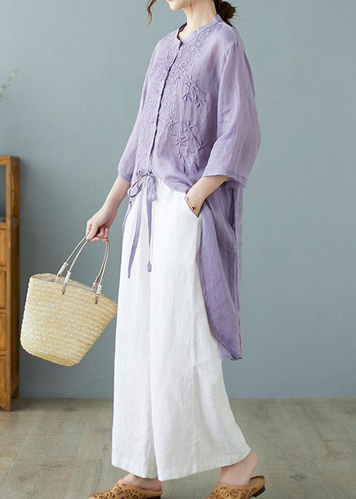 Orange Polka Dots Button Pockets Linen Tops Half Sleeve