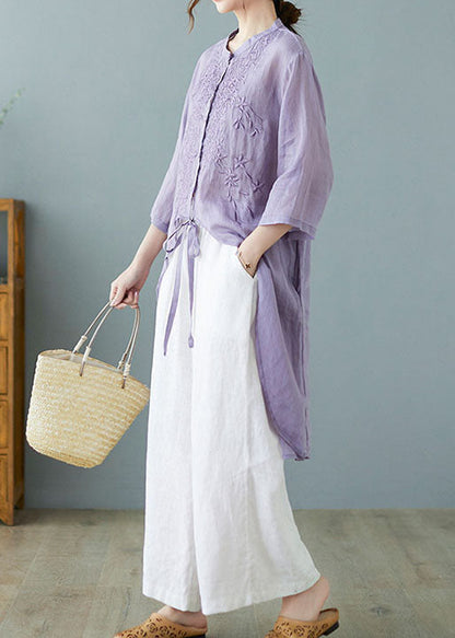 Orange Polka Dots Button Pockets Linen Tops Half Sleeve