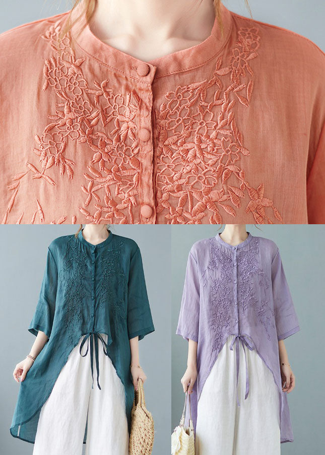 Gray Crane Button Pockets Linen Tops Half Sleeve