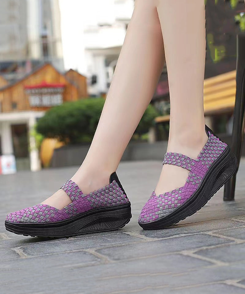 Purple Comfortable Knit Fabric Splicing Wedge Shoes Soolinen Shoes-20251