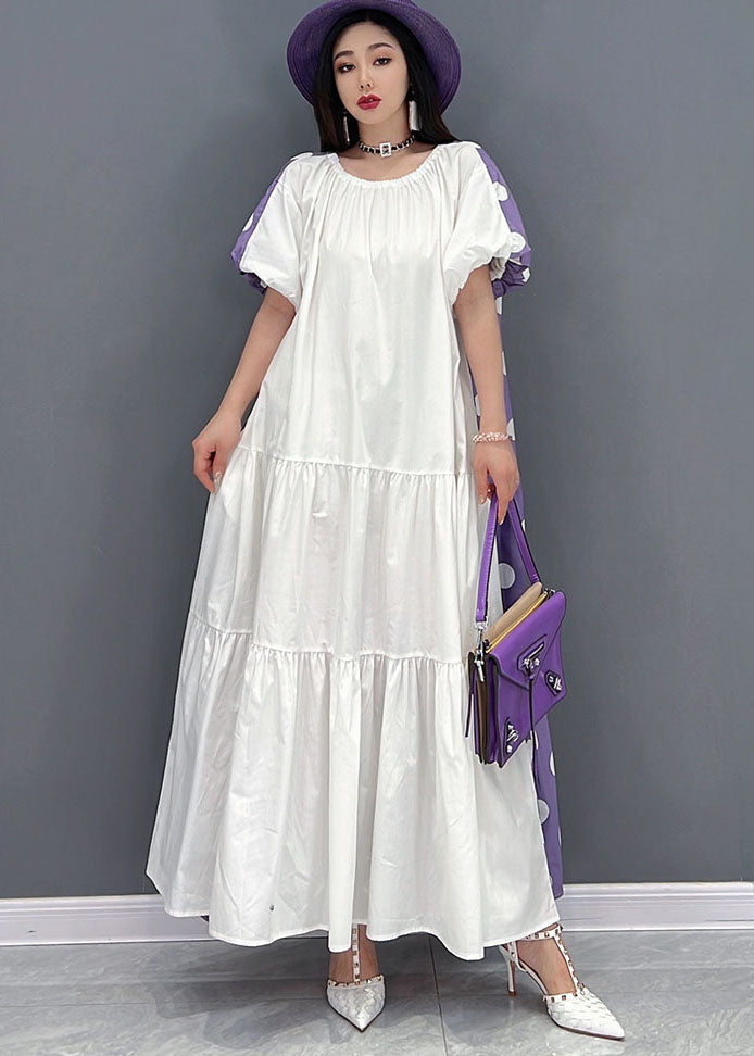 Purple Dot Print Cotton Long Dress Wear on Both Sides Exra Large Hem Short Sleeve