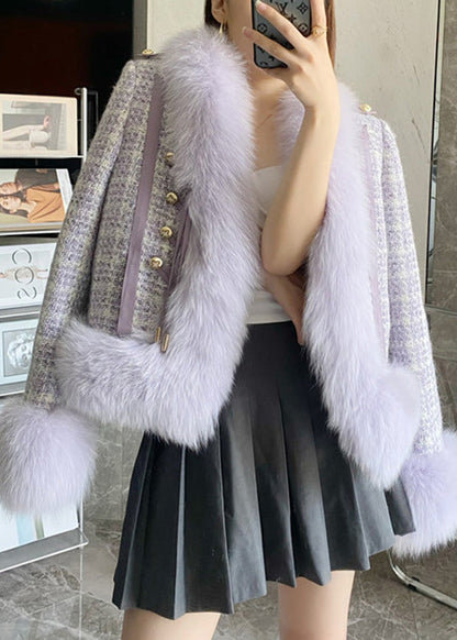 Purple Faux Fox Collar Button Leather and Fur Coat Winter