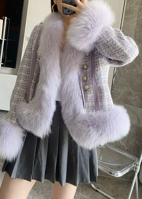 Purple Faux Fox Collar Button Leather and Fur Coat Winter