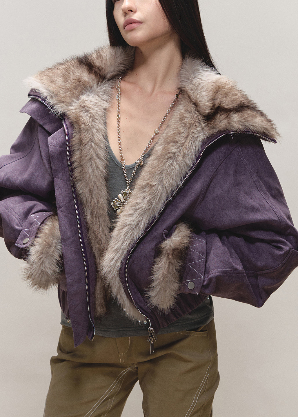 Purple Fur Collar Patchwork Zippered Thick Parkas Winter