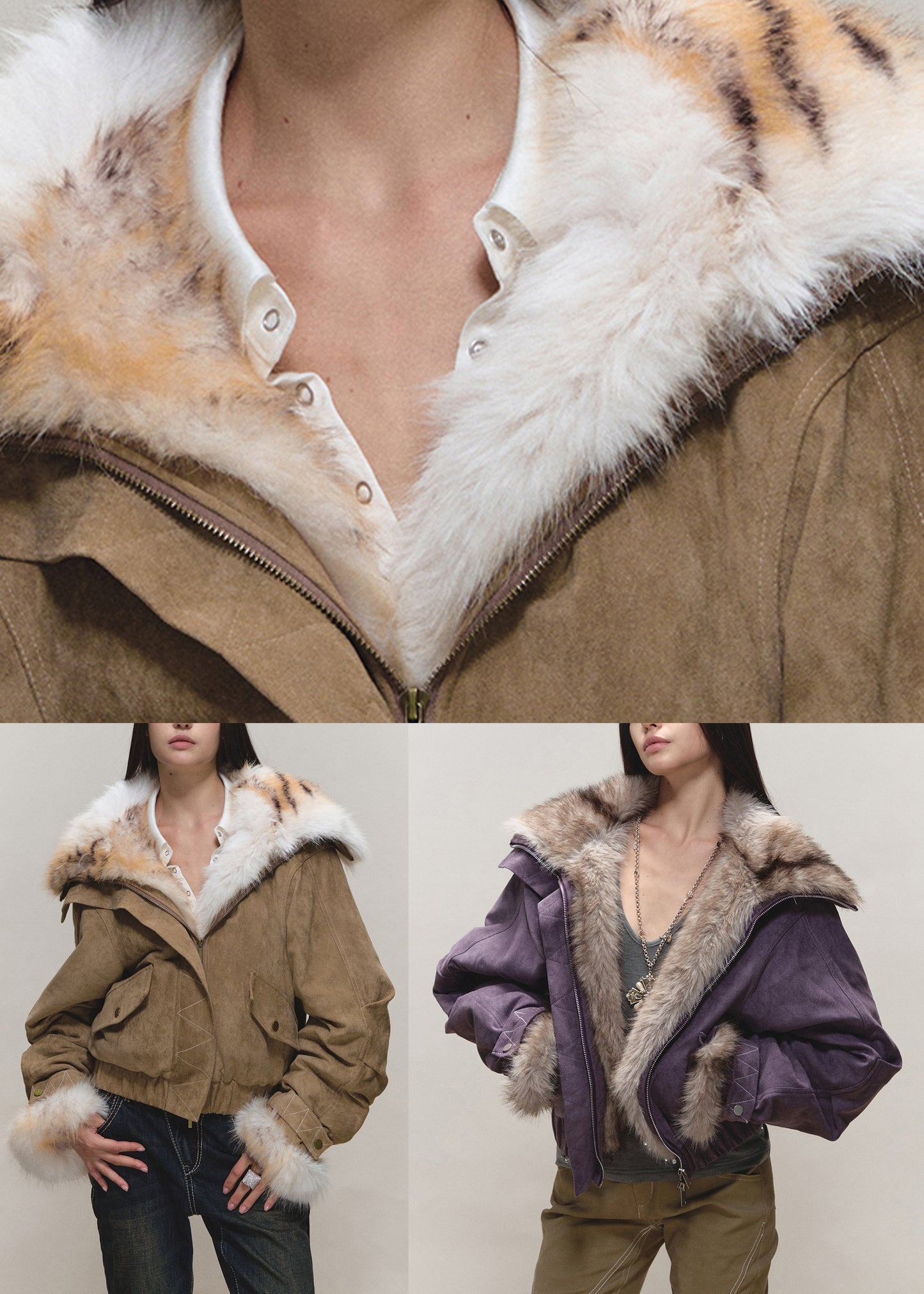 Purple Fur Collar Patchwork Zippered Thick Parkas Winter