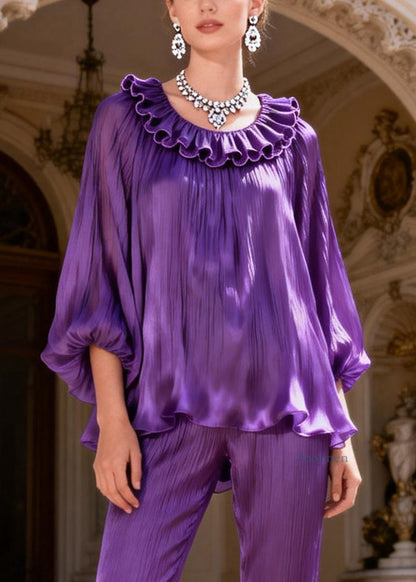 Purple High Waist Tops and Bell Bottom Trousers Silk Two Piece Set Ruffled Lantern Sleeve