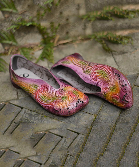 Purple Hollow Out Embossed Splicing Cowhide Leather Flat Shoes for