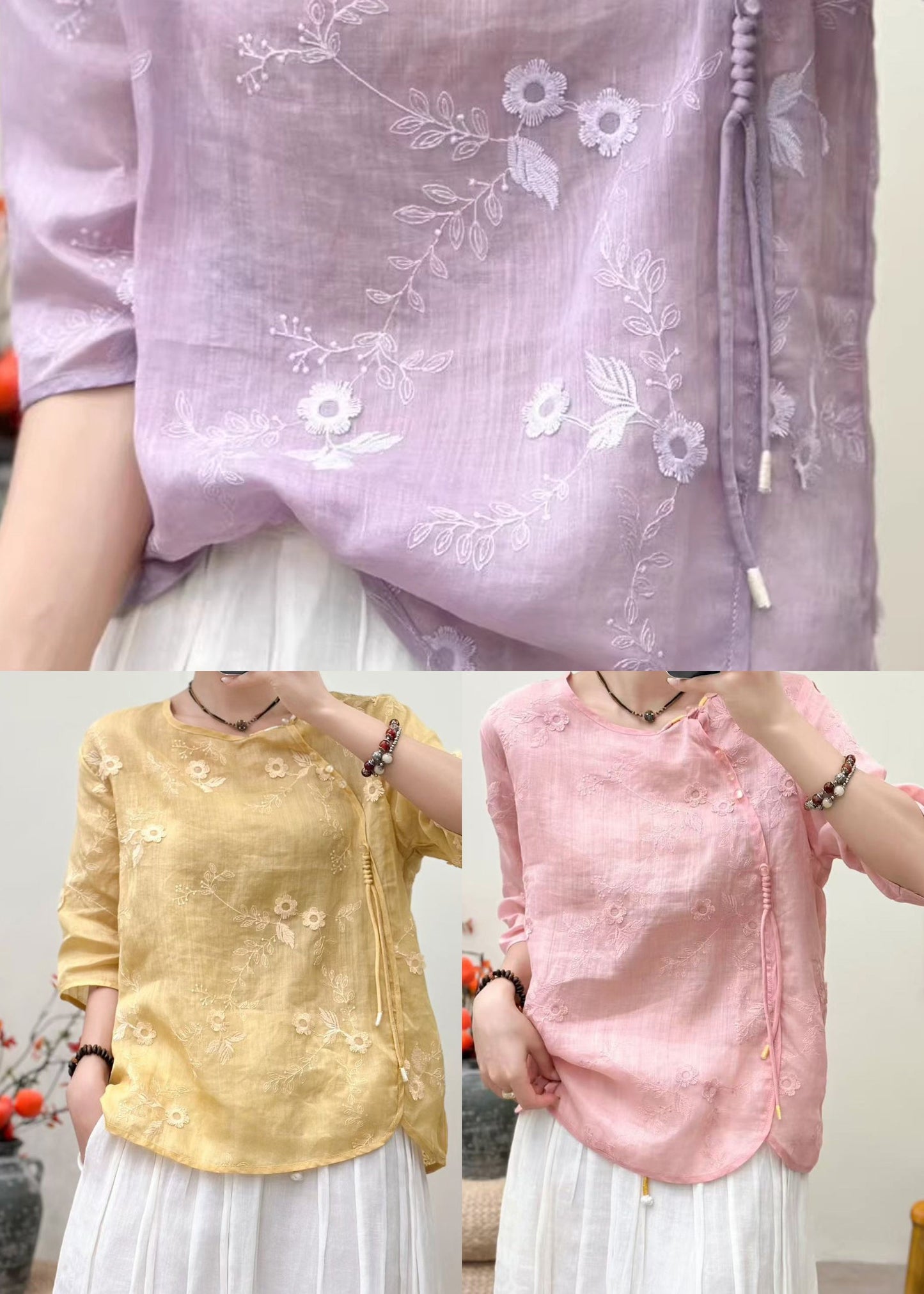 Purple Linen Oriental Tops Embroidered Tasseled Half Sleeve