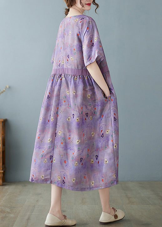 Purple Linen Vacation Dresses O-neck Extra Large Hem Short Sleeve