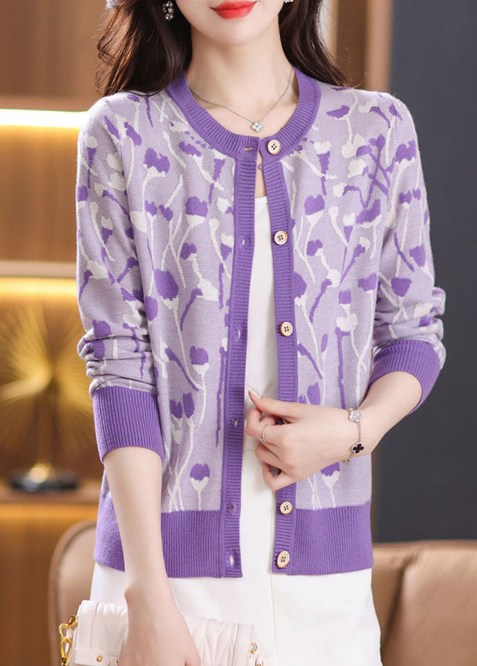 Purple O-neck Button Cozy Knit Cardigan Fall