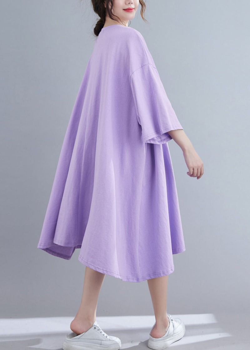 Purple O-neck Long Dress Long Sleeve