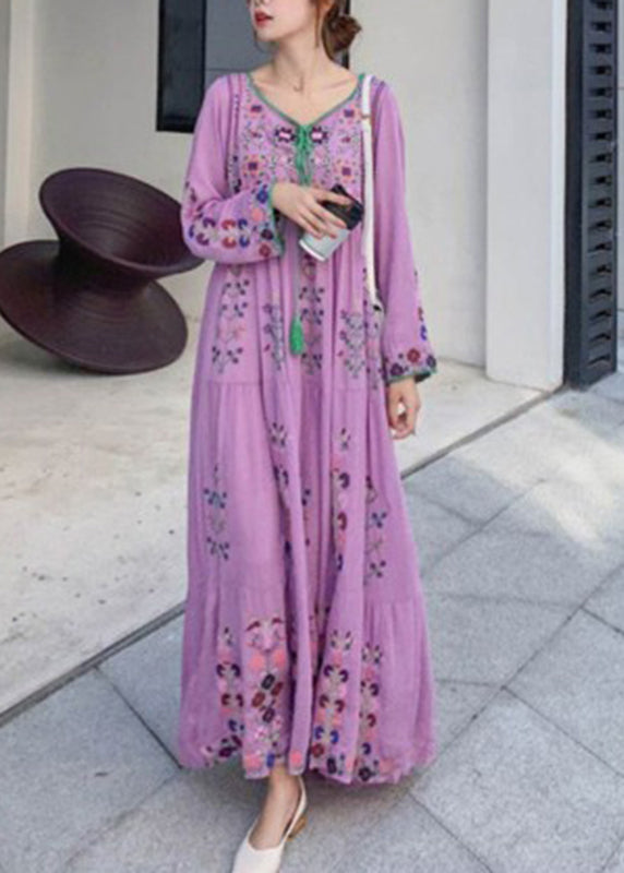 Purple O-neck Neck Tie Tassel Patchwork Cotton Holiday Dress Long Sleeve