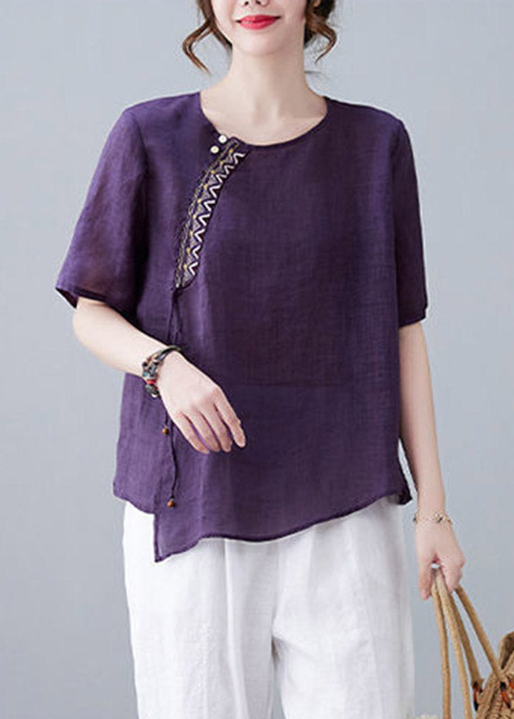 Purple O-neck Patchwork Linen T Shirt Short Sleeve