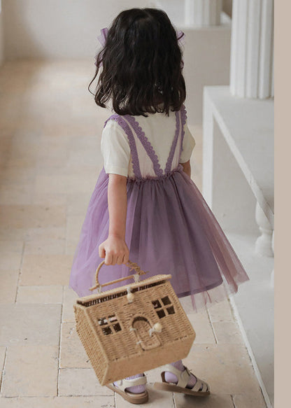 Purple O-neck Tulle Vacation Mid Dresses Short Sleeve
