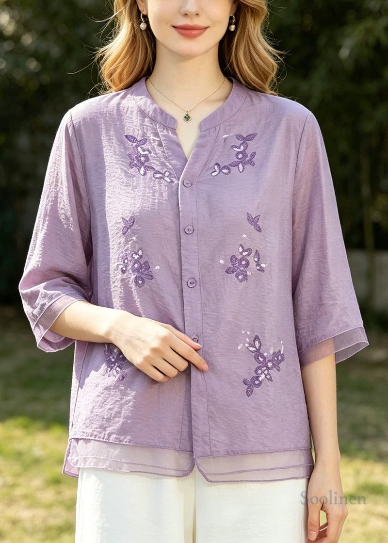 Purple Patchwork Cotton Top Embroidered Half Sleeve