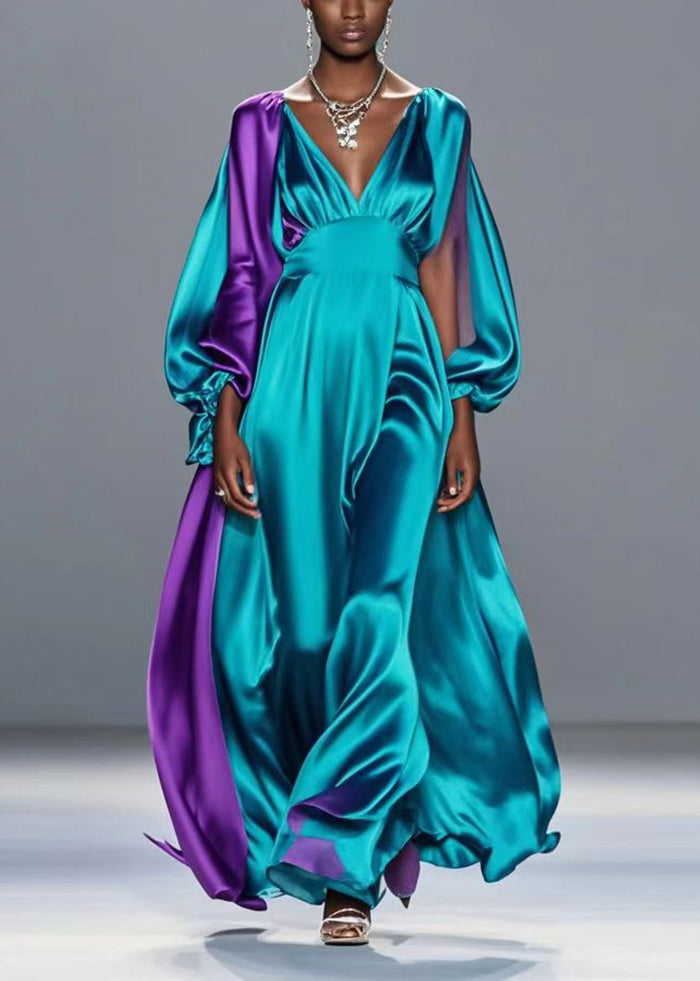 Purple Patchwork Silk Robe Dresses Asymmetrical Exra Large Hem Spring