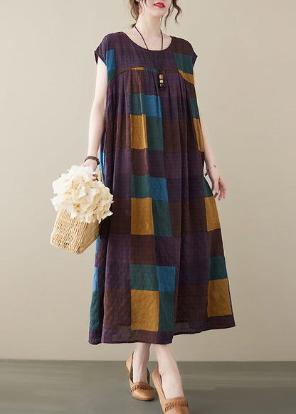 Purple Plaid Patchwork Linen Ankle Dress Wrinkled Short Sleeve