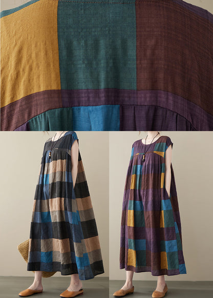 Purple Plaid Patchwork Linen Ankle Dress Wrinkled Short Sleeve