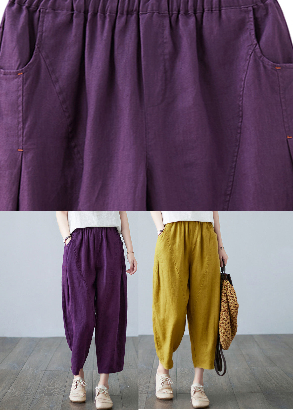 Purple Pockets Elastic Waist Harem Pants