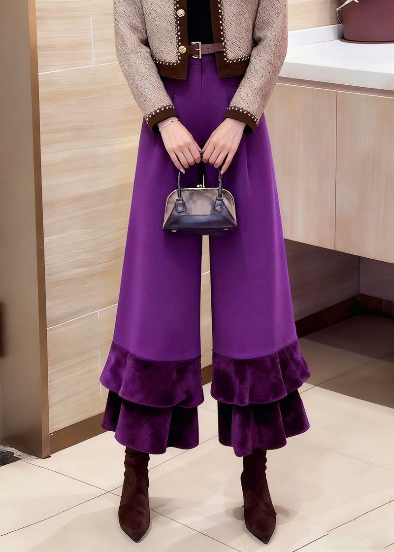 Purple Pockets High Waist Cotton Crop Pants Ruffled