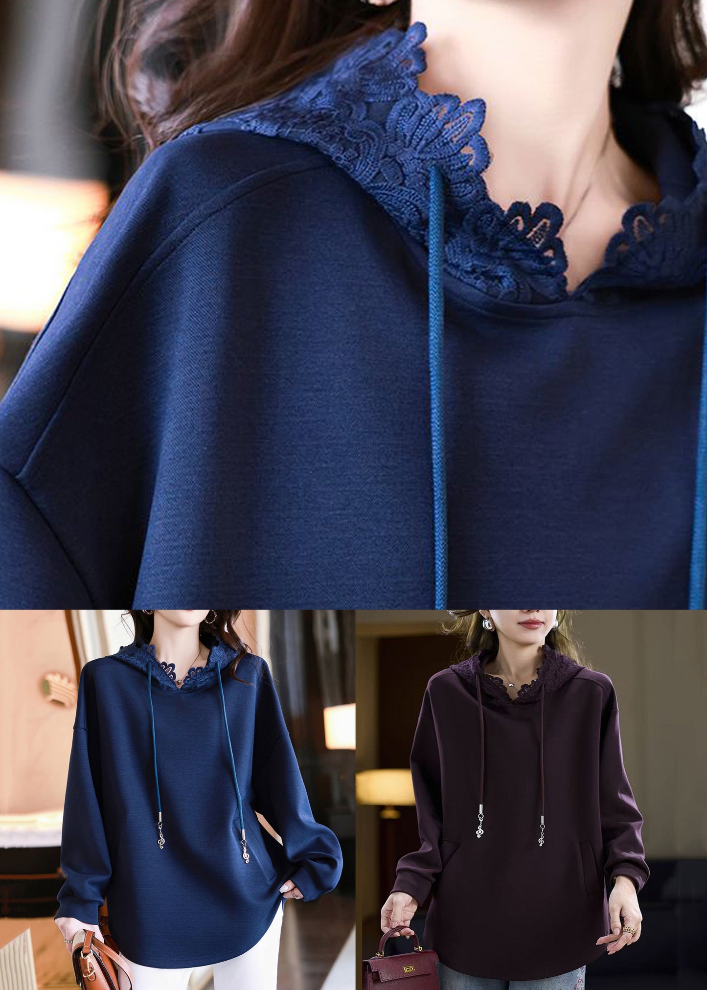 Purple Pockets Solid Cotton Fall Sweatshirts Hooded