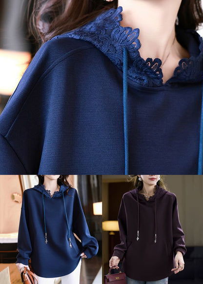 Purple Pockets Solid Cotton Fall Sweatshirts Hooded