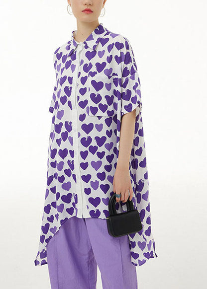Purple Print Chiffon Shirt Tops Asymmetrical Design Summer