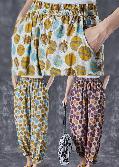 Purple Print Loose Linen Silk Harem Pants Elastic Waist Summer