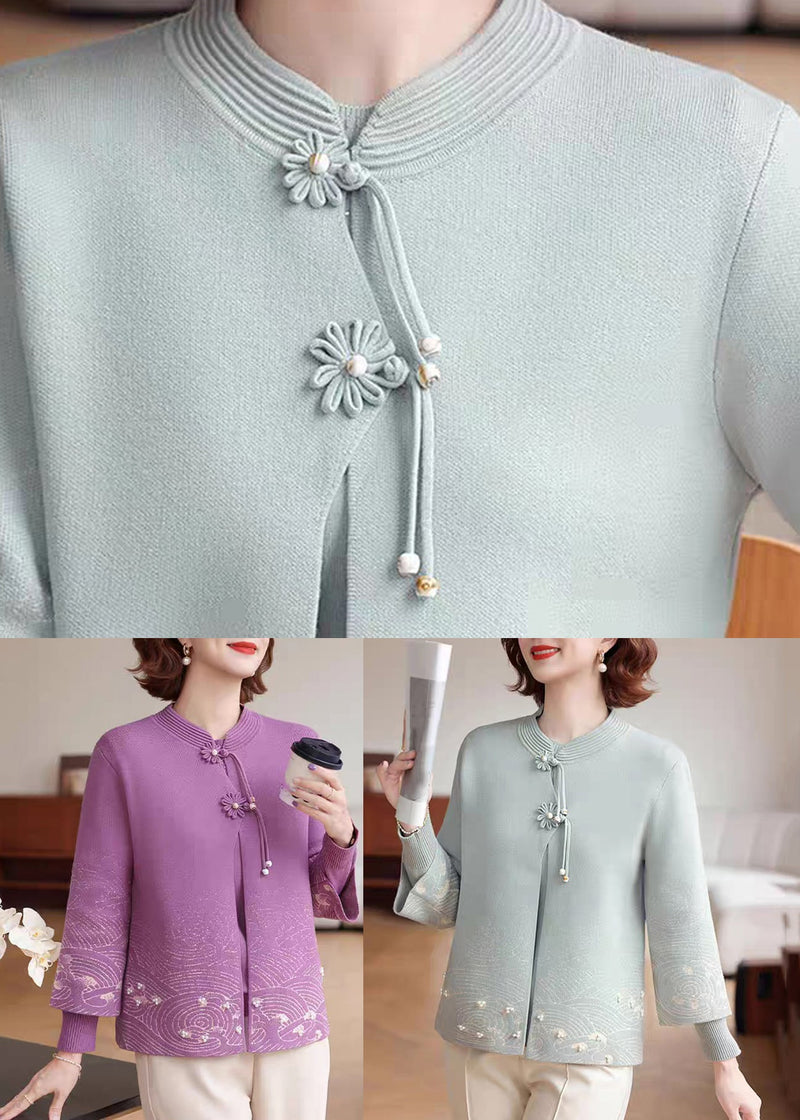 Purple Print Tassel Warm Fleece Cotton Knit Coat Spring