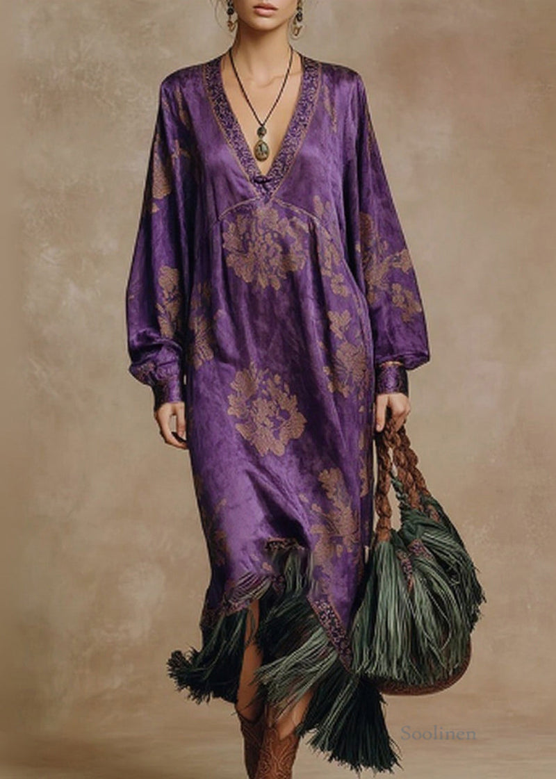 Purple Print Tasseled Patchwork Silk Long Dress O Neck Spring